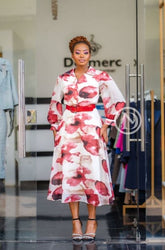 Elegant red floral print midi dress